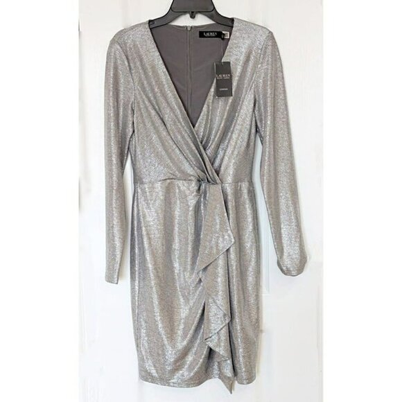 Ralph Lauren Women's Metallic Knit Surplice Cocktail Dress Size 8 (MSRP $245) - Picture 4 of 8